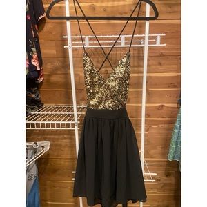 Backless Gold Sequin Black Party Dress